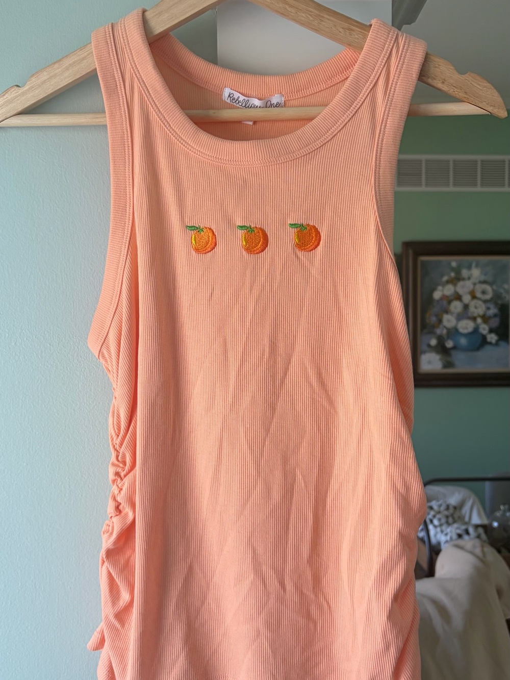 Rebellious One Peach Ribbed Tank with Orange Embroidery